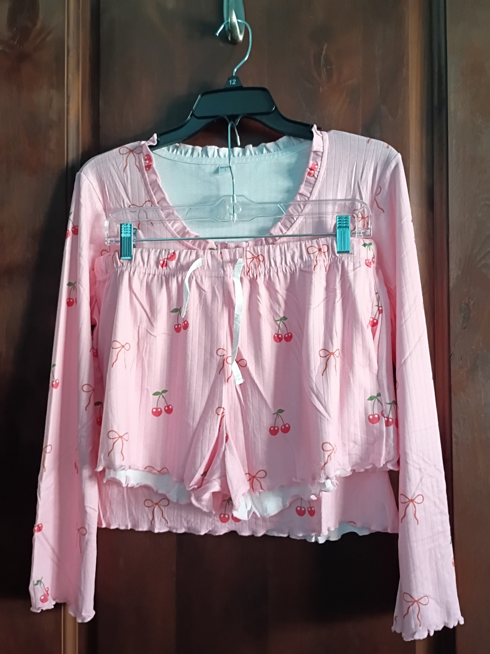 Zuafy Pink Cherry Bow Short-Top Pajama Set L NWT